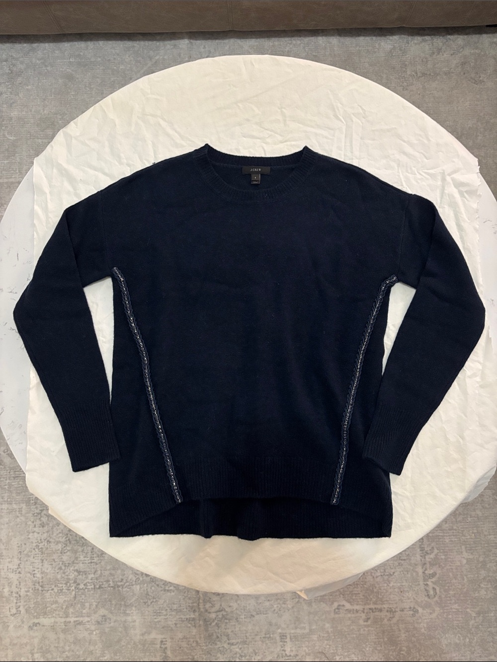 J. Crew Navy Crewneck Sweater with Jeweled Side Seam Detail